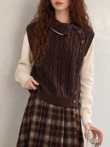 Women's Casual Minimalist 2 In 1 Design Long Sleeve Crew Neck Pullover Knit Sweater, Suitable For Autumn/Winter Wear - Coffee Brown - View 3