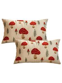 1/2/4Pcs 2D Flat Printed Mushroom Pillow Cover, Autumn Maple Leaf Throw Cushion Case, Non Real Embroidered Cottagecore Fall Decor, Vintage Faux Linen Lumbar Square - Multicolor - View 8