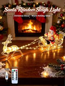 1pc Glowing Santa Claus Reindeer Sleigh Decoration, Christmas LED Table Lamp, 8 Modes Remote Control, Christmas Holiday Home Decor, Festival Window Sill Fireplace Desktop Ornament, Creative Christmas Gift - USB Christmas Reindeer Pull Cart Light - View 1