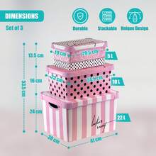 Geezy Pink Storage Boxes With Lids Set Of 3 (22, 10, 5L) - Nesting Stackable Plastic Containers With Handles, Bedroom, Wardrobe, Office - Decorative Patterned Boxes For Toys, Clothes, Girls Room - View 3