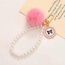 Faux Pearl Beaded Pom Pom Bag Charm, Cute Bow Decor Keychain & Handbag Pendant Accessory - Multicolor - View 5