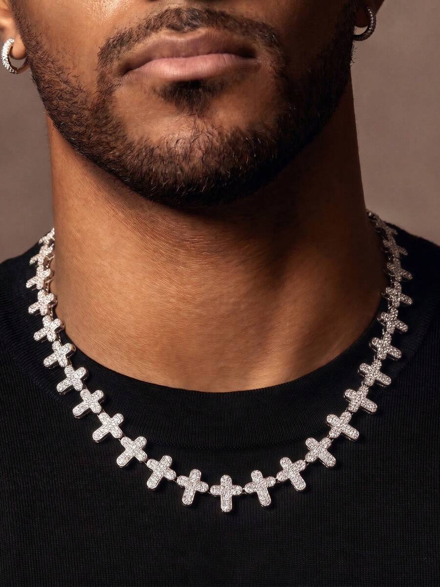 1 Buah Kalung Rantai Silang, Desain Salib Bertabur Berlian, Gelang Pria, Gaya Hip Hop, Cocok untuk Pakaian Sehari-hari, Pesta, dan Hadiah Hari Valentine - A - View 1