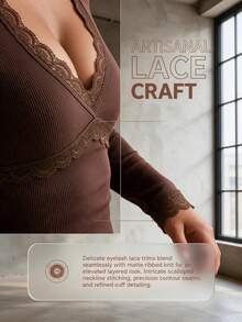 Women's Elegant Sexy Sexy Lace Trim Long Sleeve Base Layer Top - Chocolate - View 9