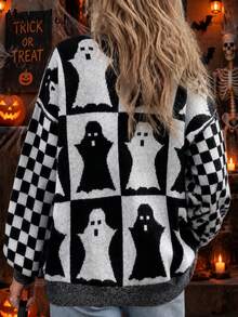 Curve Women Halloween Ghost Pattern Knitted Sweater, Black White Checkerboard Crew Neck Plus Size Pullover, Autumn Fashion Party Sweater - Black - View 5