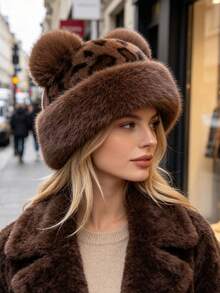 1pc Cute Leopard Print Plush Knitted Bucket Hat With Bear Ears For Women, Fashionable Warm Ear Protection Hat For Autumn/Winter - A - View 5