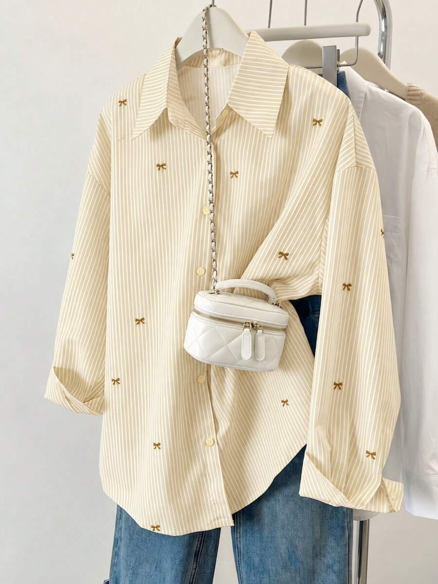 Women's Striped Color Block Shirt, Button Front, Casual Wear, Effortless Style Yellow, Smart Casual - Yellow - View 1