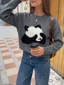 1pc Cartoon Panda Colorblock Round Neck Jacquard Design Cute Loose Fit Casual Knit Pullover Sweater Top For Women - Grey - View 9