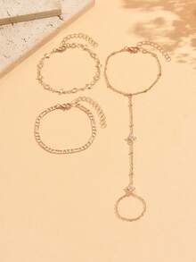 Juego de 3 piezas de pulsera elegante minimalista dorada con strass de estrella, hecha a mano, de cadena multicapa apilable, joyería de mano para mujer, adecuada para uso diario, fotos, viajes, citas y fiestas - Multicolor - Ver 2