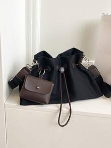 Women Color Block Drawstring Tote Crossbody Bag,Detachable Mini Coin Purse,Adjustable Strap,Large Capacity,Casual Preppy For Daily Commute Shopping - Black - View 8