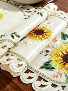 1pc 100% Polyester Vintage Sunflower Embroidery Table Runner, Fall Hollow Out Floral Table Runner, Boho Farmhouse Table Centerpiece For Kitchen Dining Room Wedding Party Decor - Multicolor - View 5