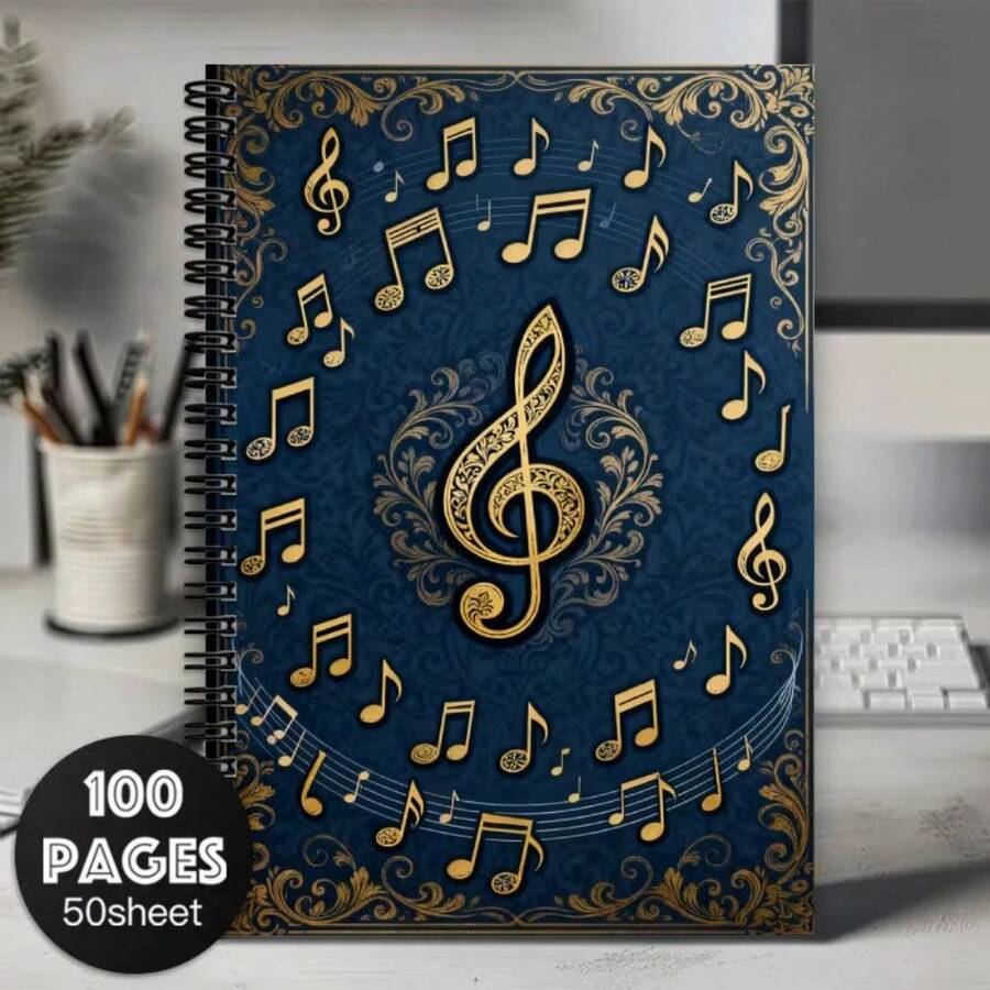 1pc Spiral Notebook Journal - Elegant Music Themed Design With Golden Treble Clef And Notes, Perfect For School Office Supplies, Great Gift For Friend Coworker Women Men, Notepads,Horizontal Line Notebook - 1 Pack (50 Sheets/100 Pages) - View 1