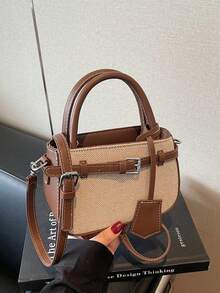 Dedoo Women Handbag Saddle Bag, Fine Grid Canvas & PU Splicing, Belt Buckle Decor, Handheld & Crossbody, Minimalist Korean Style, For Ladies Daily Outing - Coffee - View 7