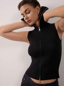 Zipper Ribbed Knit Vest Top - Black - View 4