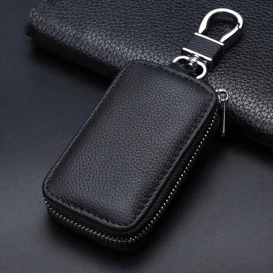 Solid Color Minimalist Men's Leather Car Key Pouch, Universal Zipper Mini Waist Hang Car Key Protective Case - one-size - View 1