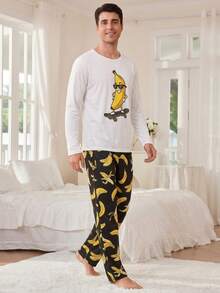 Men's Fun Home Set - Long Sleeve T-Shirt With Skateboard Banana Print + Black Loose Banana Pattern Pants, Casual 2-Piece Pajama Set, Perfect For - White - View 5