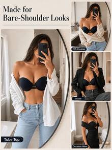 Women's Ruched Bra, Front Closure Strapless Underwire Bra, Heart-Shaped Cup, Backless Lingerie, Non-Slip Bandeau Bra, Adjustable Straps - Black - View 2
