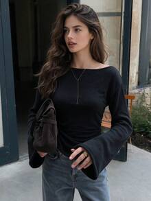 QUNGIGU Women Boat Neck Top Flare Sleeve Slim Fit Basic Shirt Casual Ribbed Apparel For Fall Winter Going Out Dating - Black - View 5