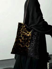 2026 New Leopard Print Sequin Shoulder Bag Women's Underarm Chinese Style Colorblock Canvas Tote Handbag - Black - View 2