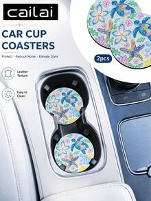 Cailai, 2pcs Set Starfish Turtle Flower Minimalist Pink Polka Dot Pattern Car Cup Holder Coasters - Non-Slip Leather Material, Round Cup Holder Design, Easy To Clean, Perfect Accessory For Car Interior - Suitable For Car Owners - Suitable For Daily Use - Great Gift For Car Enthusiasts - Multicolor - View 2