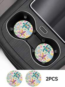 Cailai, 2pcs Set Starfish Turtle Flower Minimalist Pink Polka Dot Pattern Car Cup Holder Coasters - Non-Slip Leather Material, Round Cup Holder Design, Easy To Clean, Perfect Accessory For Car Interior - Suitable For Car Owners - Suitable For Daily Use - Great Gift For Car Enthusiasts - Multicolor - View 7