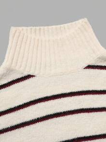 Women Summer Fall Black Stripe Turtleneck Loose Short Knit Sweater Top - Multicolor - View 4