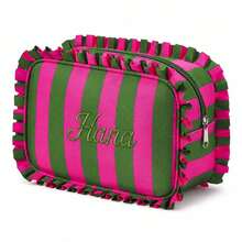 (Custom Embroidery) Wood Ear Trim Striped Makeup Bag, Sweet Ruffle Edge Large Capacity Storage Bag, Travel Portable Toiletry Organizer - Multicolor - View 15
