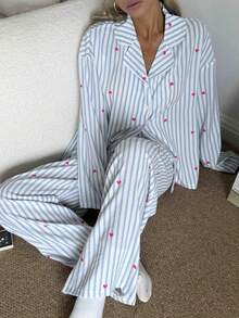 Nina Bonheur 2pcs/Set Women's Loose Comfortable Breathable Long Sleeve Top + Long Pants Cute Pajama Set - Blue - View 8