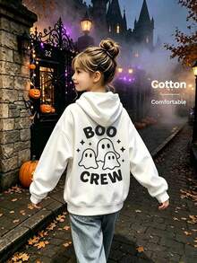 2026 Autumn Custom Loose White Hooded Sweatshirt For Girls, Ghost And Letter Print, Fun And Quirky Halloween Outfit - White - View 3
