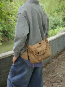 Japanese Style Black Drawstring Crossbody Bag, Multi-Pocket Slouchy Nylon Shoulder Sling With Mini Pouch Adjustable Strap For Daily School Street - Multicolor - View 5