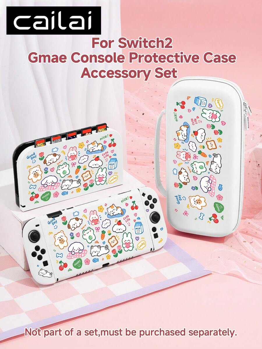 Cailai Cute Hand-Drawn Sticker Style Illustration, Soft Adorable Animal Pattern Switch Console Protective Case, Compatible With Switch OLED And Switch Console, Made Of Soft TPU Material, No Disassembly Required, Anti-Drop And Anti-Dust, Ideal Gift Compatible With Switch Gamers, Elegant And Cute Switch Console Protective Case, Switch 2 Storage Bag/Dock Shell. - View 1