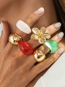 Bộ 1 nhẫn hoa resin và kim loại nhiều màu, nhẫn dày phong cách vintage có thể đeo chồng, trang sức ngón tay boho nổi bật cho nữ, phụ kiện đeo hàng ngày và dự tiệc - Nhiều màu - Xem 2