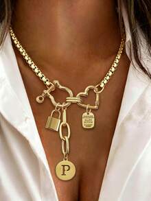 1pc Gold Horseshoe Double Buckle Luxury A-Z Letter Necklace, Unique Lock Buckle Letter Tag Rhinestone Pendant Chain, Women's Daily Commute Decoration - Yellow Gold - View 17