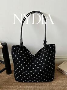 Corduroy White Polka Dot Shoulder Tote Bag - Black - View 2