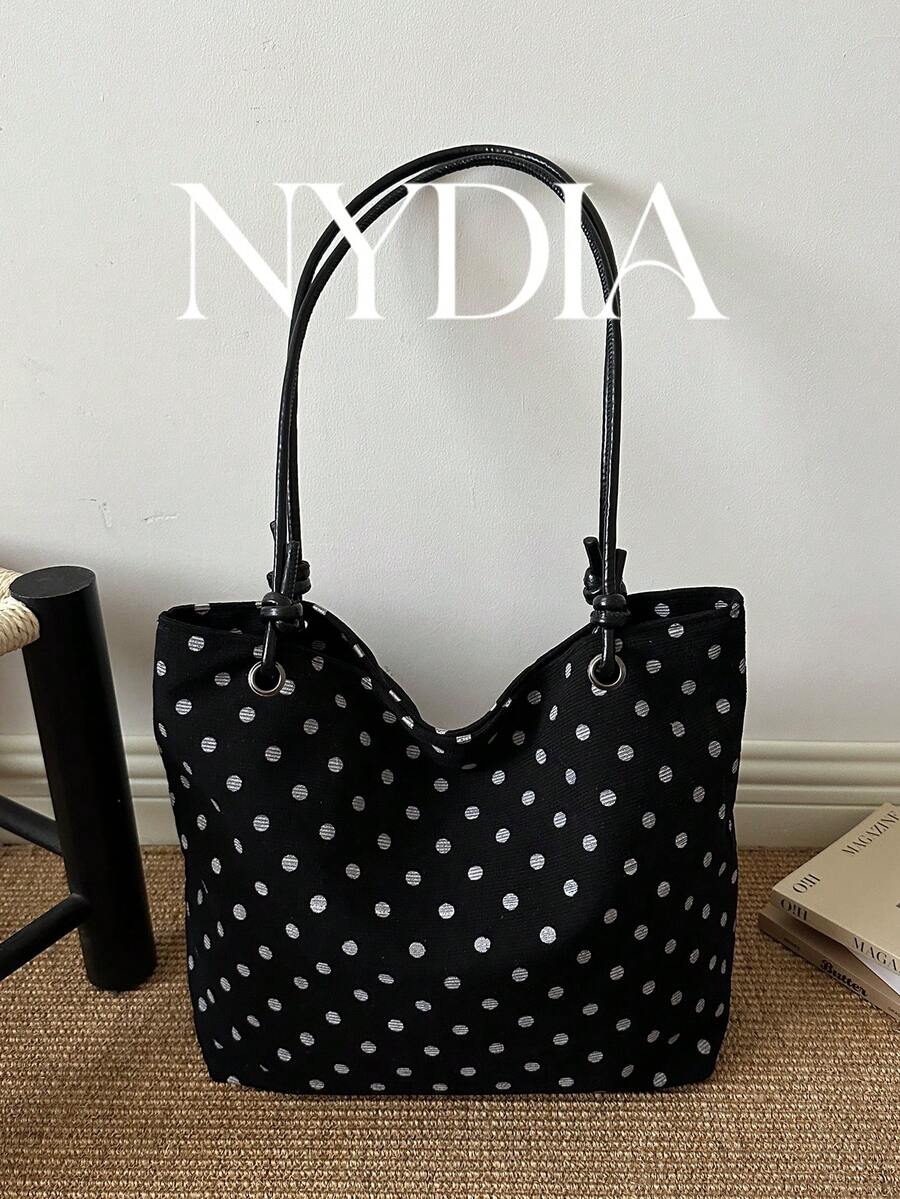 Corduroy White Polka Dot Shoulder Tote Bag