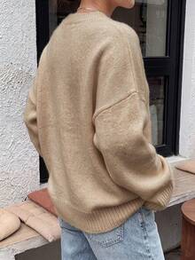 Soft Plush Round Neck Knitted Sweater, Dropped Shoulder Wide Cuff Loose Casual Minimalist Women's Autumn/Winter Pullover - Oatmeal - View 5