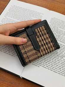 Houndstooth Pattern Small Wallet, Faux Leather Bifold Purse With Snap Button, Slim Credit Card Organizer For Daily Use - Black - View 1