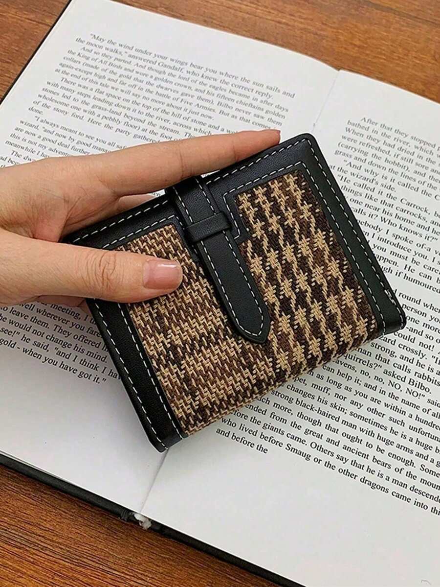Houndstooth Pattern Small Wallet, Faux Leather Bifold Purse With Snap Button, Slim Credit Card Organizer For Daily Use - Black - View 1