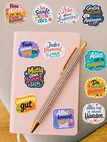 50Pcs PP German Inspirational Stickers, Colorful Journal Text Style, Including German Inspirational Phrases, Hearts, Gift Boxes, Lightning, Hand-Drawn Border Elements, For Journal Collage, Water Bottle, Notebook, Storage Box, DIY Craft Decor - Multicolor - View 6