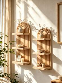 1pc/2pcs Bohemian Wave Pattern Wooden Wall Frame Set, Rainbow Arch Farmhouse Style Wall Shelf, Multi-Functional Wall Mounted Outdoor Rack, Easy Installation, Suitable For All Seasons, Living Room Wooden Wall Hanging Storage Shelf - Suitable For Living Room Home Decor, Bathroom Decor, Bedroom Decor, Dressing Room Decor, Ramadan Decor, Christmas Decor, Autumn Home Decor - Apricot - View 4