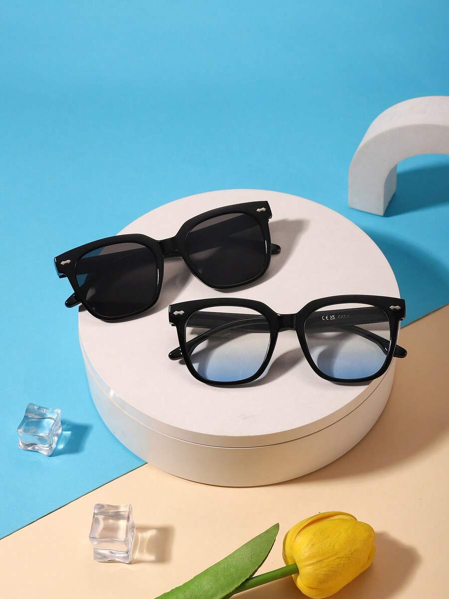 2pcs Kids 3-8Y Solid Square PC Frame Cool Fashion Glasses For Party & Holiday Photoshoot With Glasses Box - Multicolor - View 1