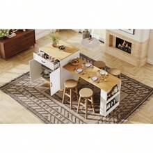 Extendable Kitchen Island With Dining Table, Multifunctional Storage Cabinet With Drawers,, Wine Rack, Kitchen & Dining Room - White + MDF - View 7