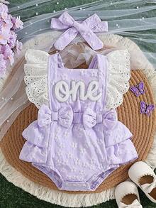 Baby Girl 2pcs Set Casual Cute Floral Pattern Letter Embroidery Ruffle Bow Decor Romper And Headband, Suitable For Daily Wear And Party - Mauve Purple - View 2