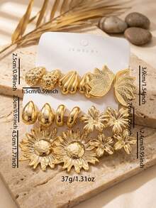 8 Pairs Combination Metal Gold Earrings Set European & American Vintage Sunflower Flower Shell Water Drop Stud Earrings Exaggerated Atmosphere Ear Jewelry For Women - Gold - View 2