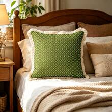 1PC French Printed Pillow Cover With Tassel Border, Double-Sided Decorative Pillowcase, Green Geometric Loop Design Pattern, Home Decoration, Sofa, Bed, Bedroom(Excluding Pillow Core)-Size Excludes 3cm Tassels - Multicolor - View 8