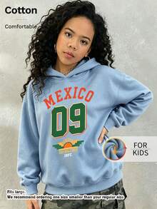 Kids Hooded Sweatshirt, Mexico 09 Sun Wing Letter Graphic Print Thick Fleece Lined Pullover For Kids - Blue - View 3