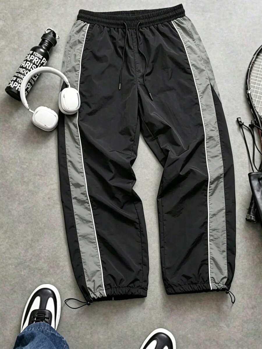 Men's Loose Fit Nylon Quick Dry Sports Pants, Contrast Side Stripes, Drawstring Waist, Adjustable Cuffs, Street Style Casual Jogging Pants - Grey - View 1