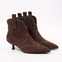 Dark Brown Suede Pointed Toe Kitten Heel Ankle Boots - Brown - View 1