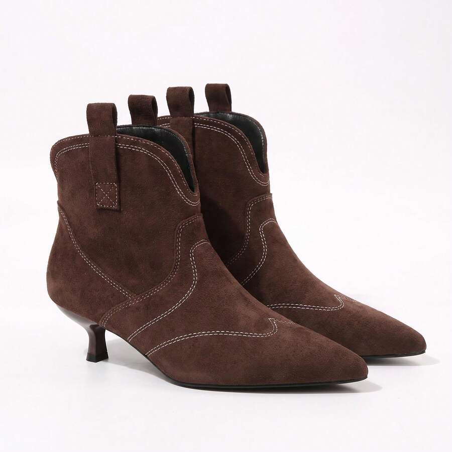 Dark Brown Suede Pointed Toe Kitten Heel Ankle Boots - Brown - View 1
