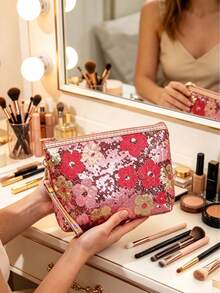 1pc Large Capacity Sequin Floral Fashion Makeup Bag With Handle And Zipper, Portable Cosmetic Storage Organizer For Phone, Coins, Data Cable, Etc., Suitable For Women, Home, Travel, Business Trip, Daily Commute, All Seasons - Multicolor - View 7