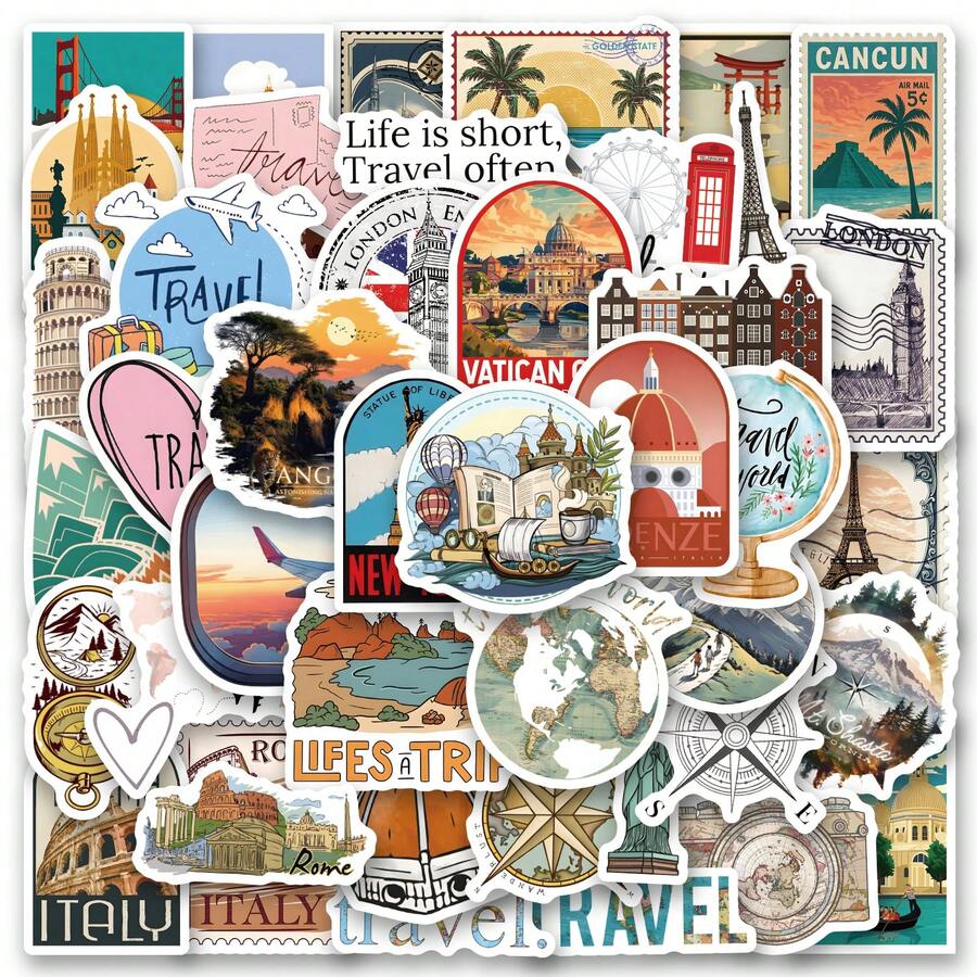 60PCS Travel Stickers Aesthetics Stickers For Scrapbooking, Diary, Laptop, Bumper, Skateboard, Water Bottle, Computer, Hard Hat, Car Stickers And Decals